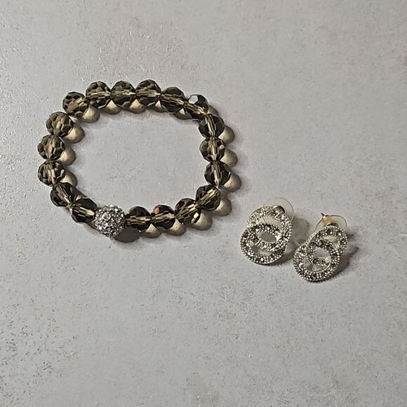 CZ Double Circle Earrings + Faux Smoky Quartz Bracelet - Picture 1 of 9